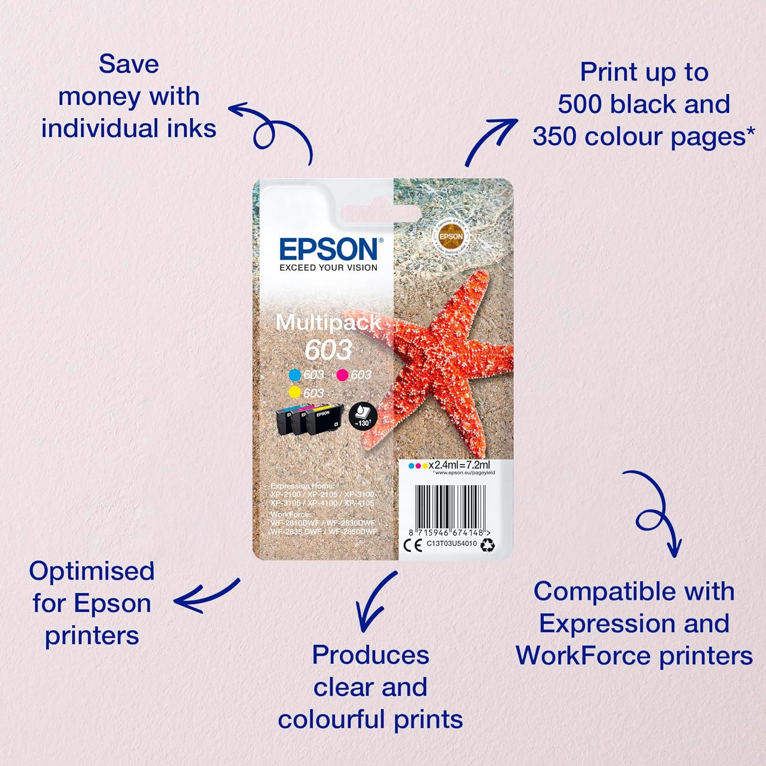 Epson 603 Starfish Genuine Multipack, 3-Colours Ink Cartridges