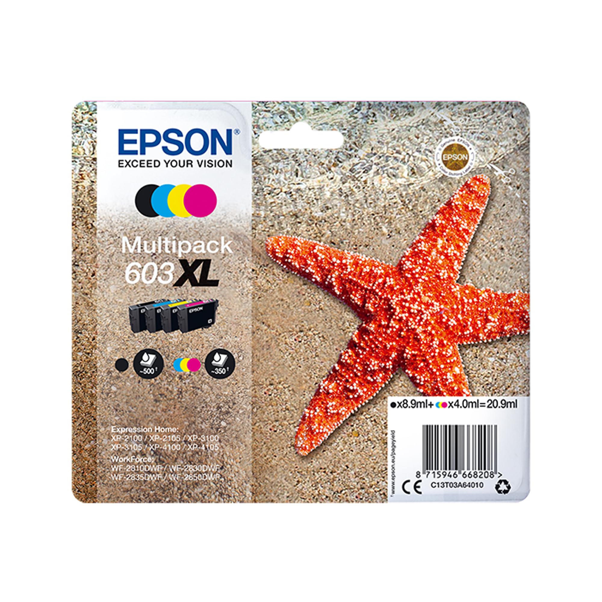 Epson 603XL Starfish High Yield Genuine Multipack, 4-Colours Ink Cartridges