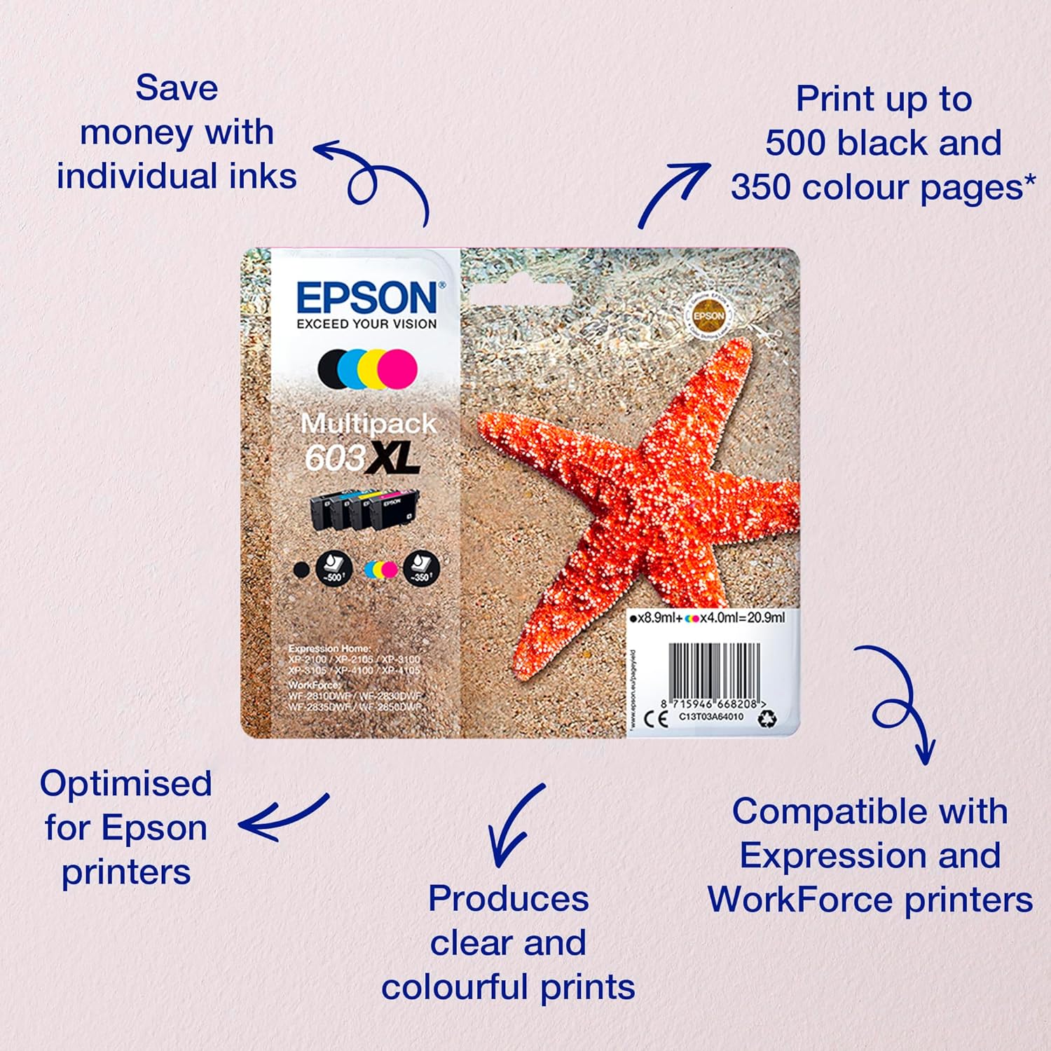 Epson 603XL Starfish High Yield Genuine Multipack, 4-Colours Ink Cartridges