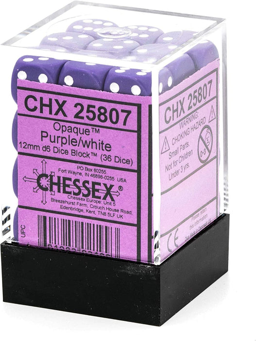DND Dice Set-Chessex D&D Dice-12mm Opaque Purple and White Plastic Polyhedral Dice Set-Dungeons and Dragons Dice Includes 36 Dice – D6 (CHX25807
