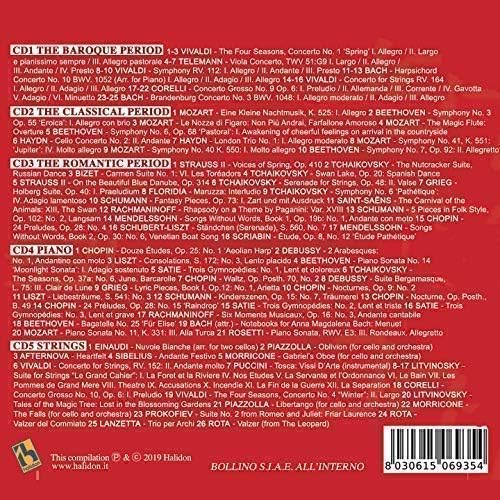 5 CD 100 Classical Music Pieces, Baroque, Classical, Romantic, Piano and Strings Music, Mozart, Chopin, Bach...