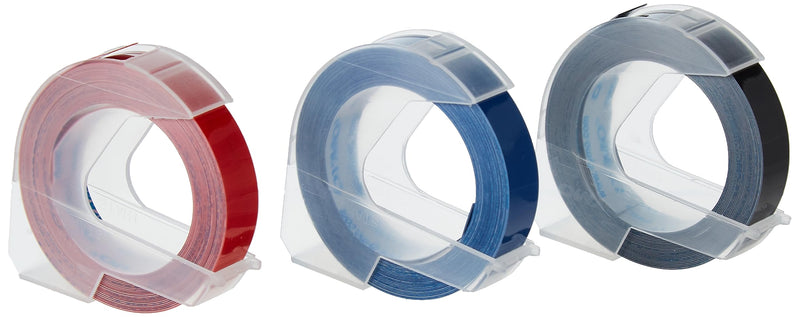 DYMO Original Prägeband | 3D schwarz | blau, rot und schwarz | 9 mm x 3 m | selbstklebendes Kunststoff Etikettenband | für Junior & Omega Beschriftungsgerät | 3 Stück