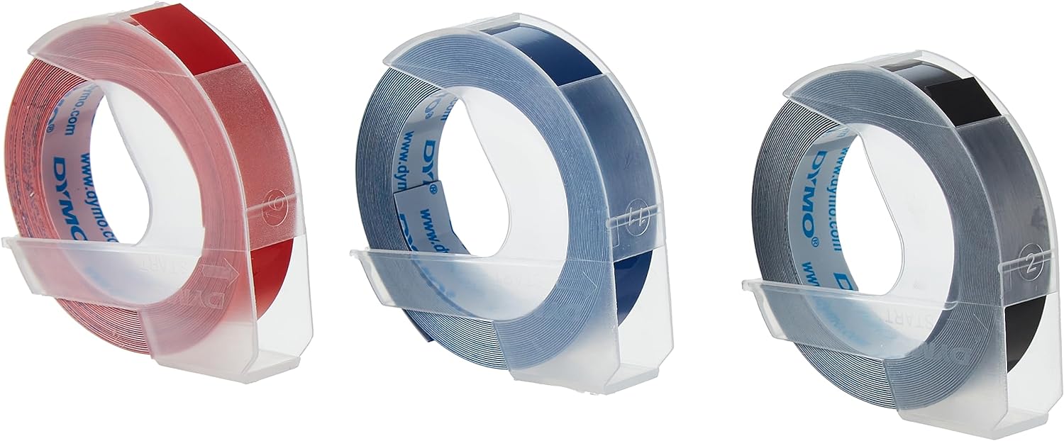 DYMO Original Prägeband | 3D schwarz | blau, rot und schwarz | 9 mm x 3 m | selbstklebendes Kunststoff Etikettenband | für Junior & Omega Beschriftungsgerät | 3 Stück