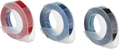 DYMO Original Prägeband | 3D schwarz | blau, rot und schwarz | 9 mm x 3 m | selbstklebendes Kunststoff Etikettenband | für Junior & Omega Beschriftungsgerät | 3 Stück