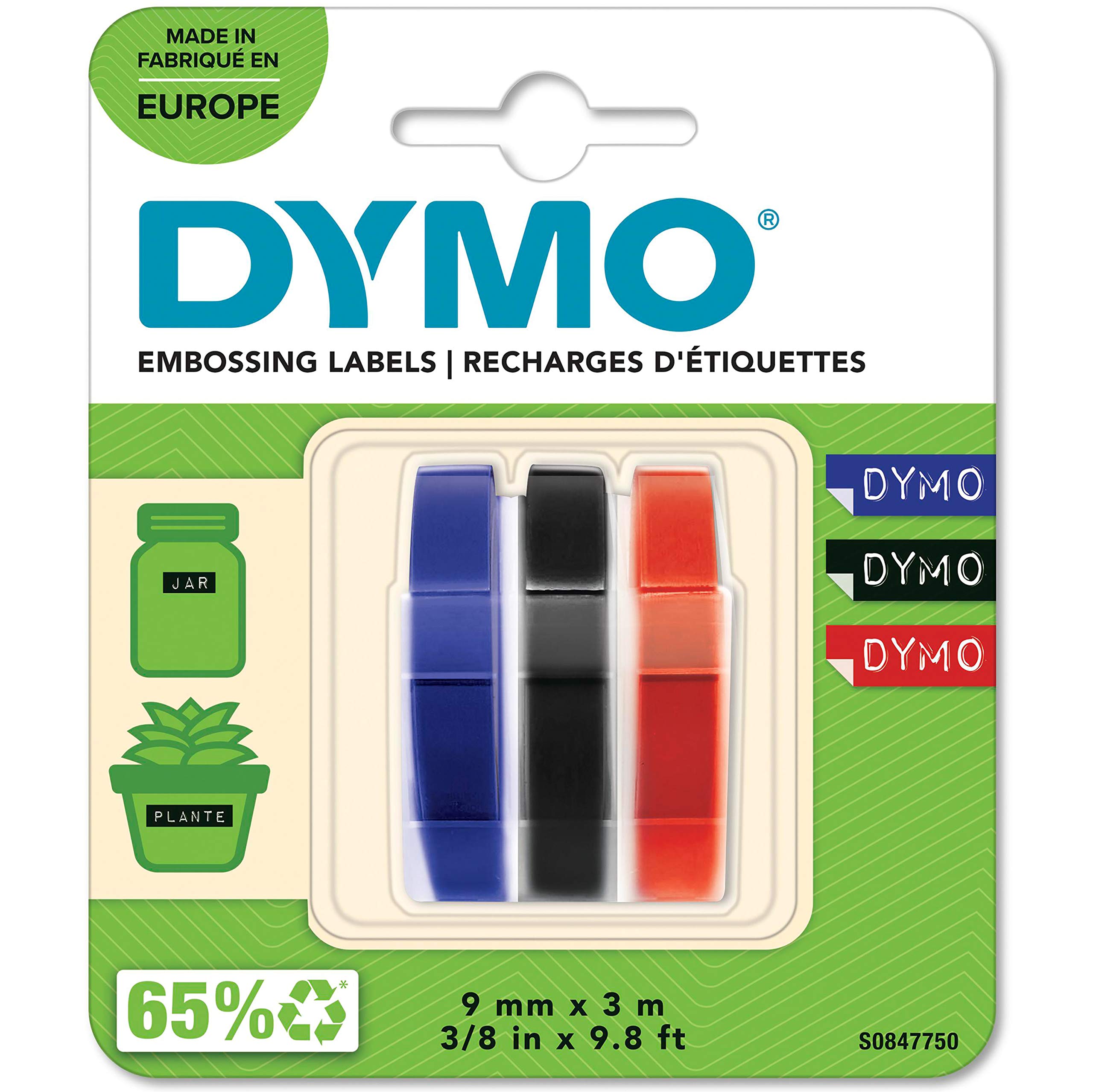 DYMO Original Prägeband | 3D schwarz | blau, rot und schwarz | 9 mm x 3 m | selbstklebendes Kunststoff Etikettenband | für Junior & Omega Beschriftungsgerät | 3 Stück