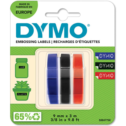 DYMO Original Prägeband | 3D schwarz | blau, rot und schwarz | 9 mm x 3 m | selbstklebendes Kunststoff Etikettenband | für Junior & Omega Beschriftungsgerät | 3 Stück