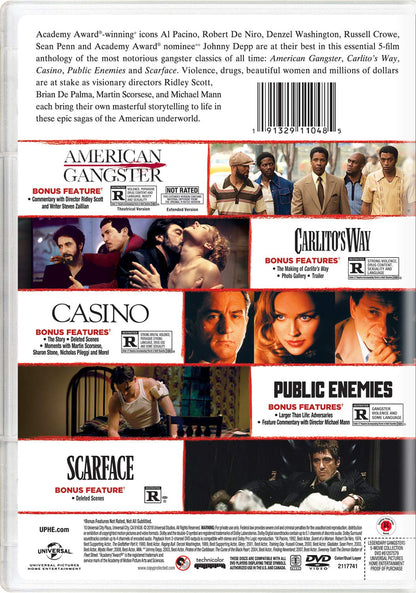 Legendary Gangsters: 5-Movie Collection (American Gangster / Carlitos Way / Casino / Public Enemies / Scarface)