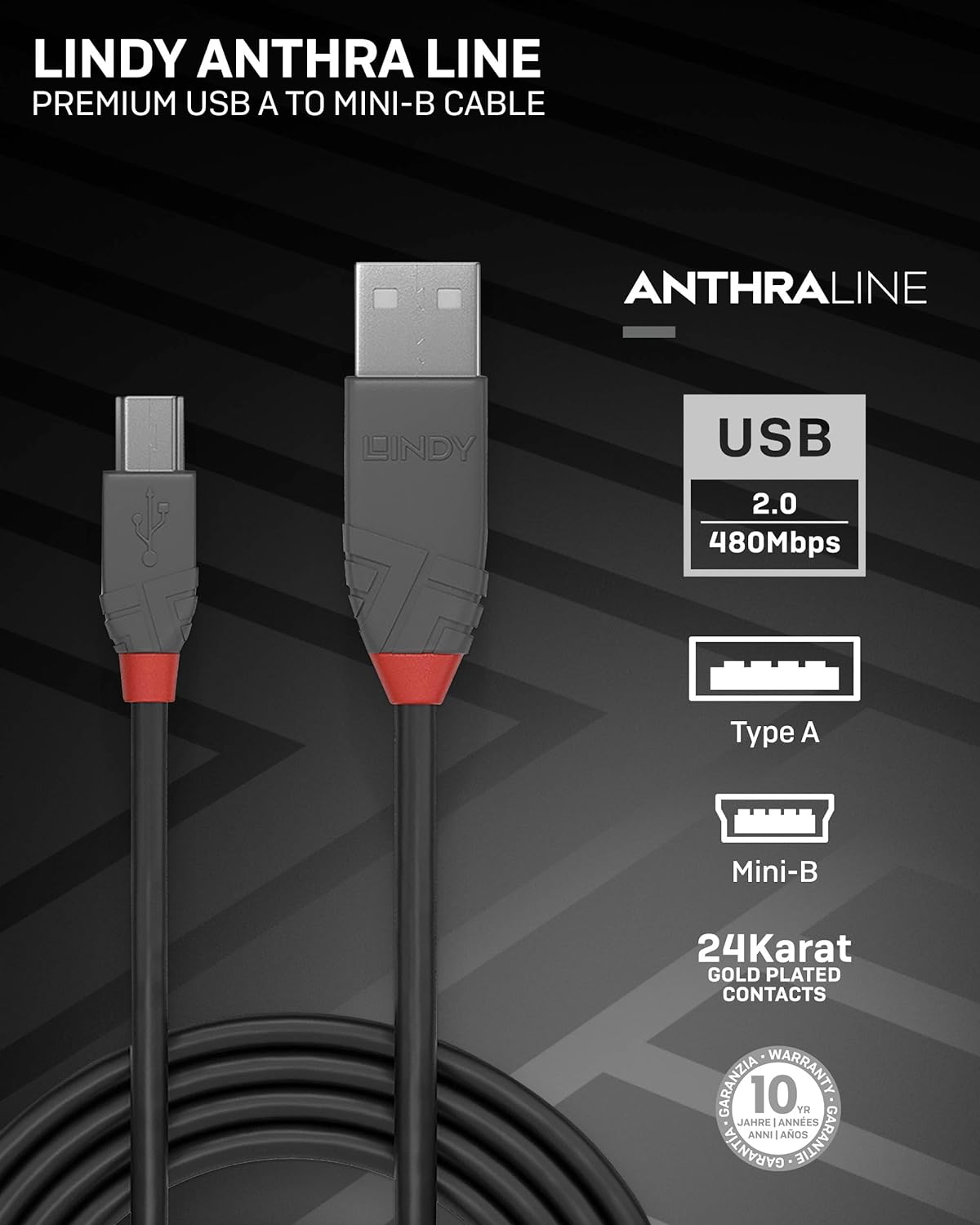 Lindy 2m USB 2.0 Type A to Mini-B Cable, Anthra Line, Pro Range, Gold Plated Contacts, Double Shielded, Durable, Flexible Pro Cable, Cameras, Hard Drives, GPS, Game Controllers, Music Equipment etc.