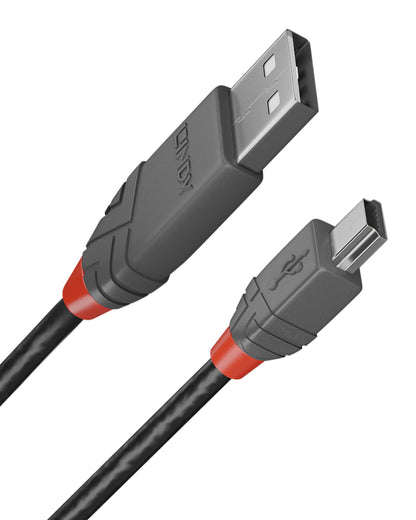 Lindy 2m USB 2.0 Type A to Mini-B Cable, Anthra Line, Pro Range, Gold Plated Contacts, Double Shielded, Durable, Flexible Pro Cable, Cameras, Hard Drives, GPS, Game Controllers, Music Equipment etc.