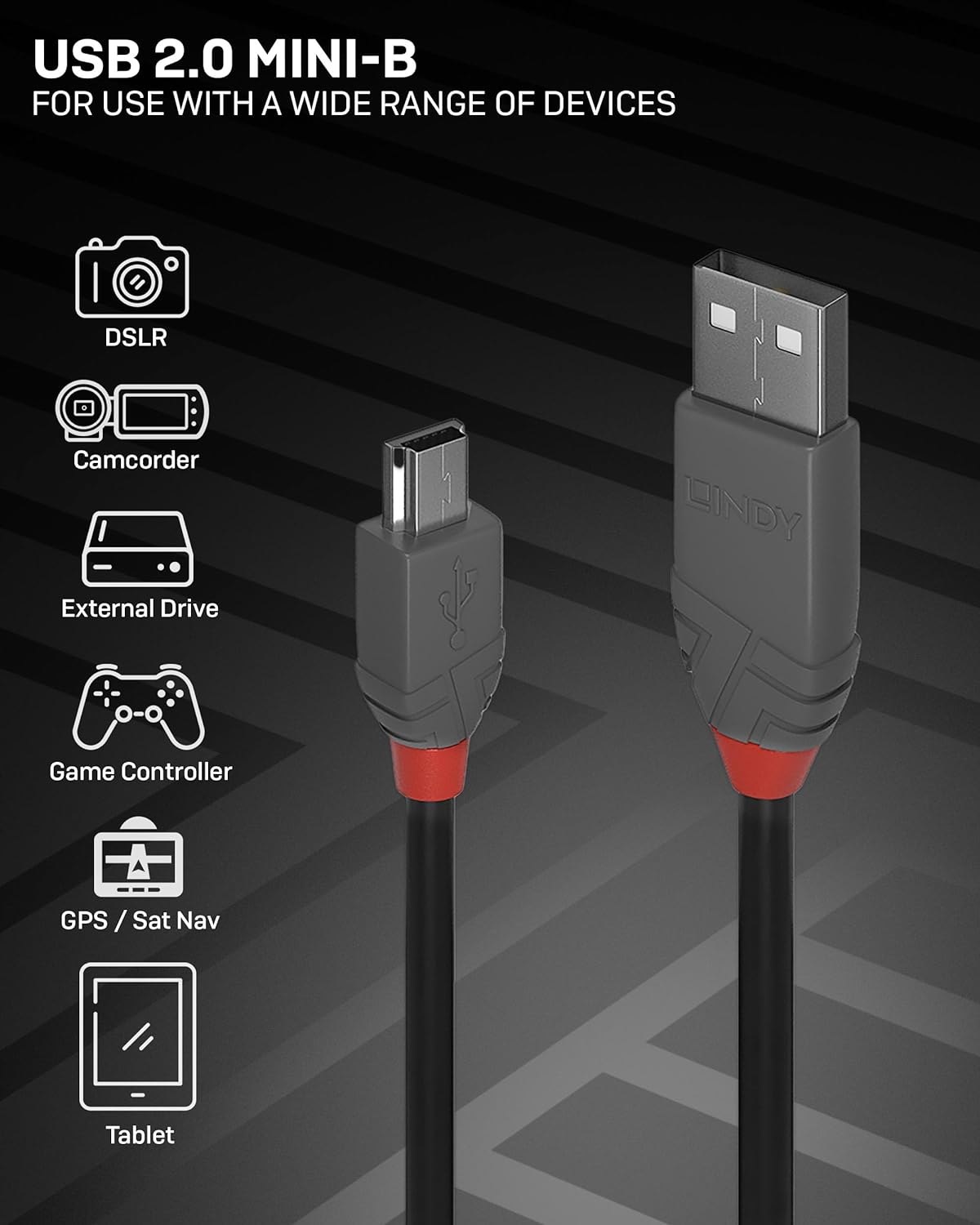 Lindy 2m USB 2.0 Type A to Mini-B Cable, Anthra Line, Pro Range, Gold Plated Contacts, Double Shielded, Durable, Flexible Pro Cable, Cameras, Hard Drives, GPS, Game Controllers, Music Equipment etc.