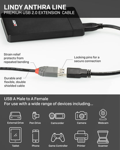 LINDY 36703 USB 2.0 Type A Extension Cable, Anthra Line - Black, 2m Anthra Line