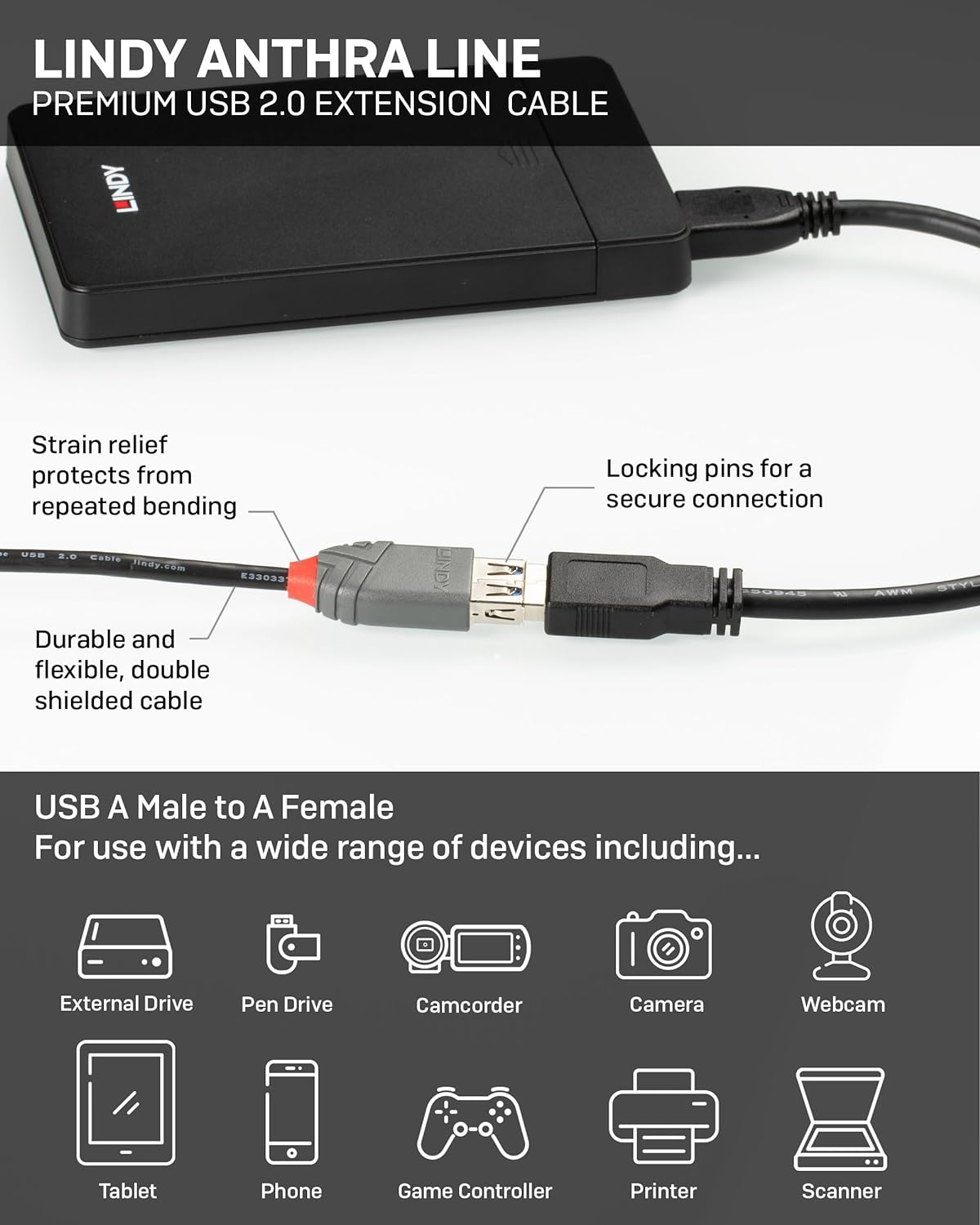 LINDY 36704 USB 2.0 Type A Extension Cable, Anthra Line - Black