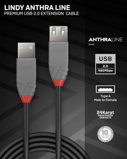 LINDY 36704 USB 2.0 Type A Extension Cable, Anthra Line - Black