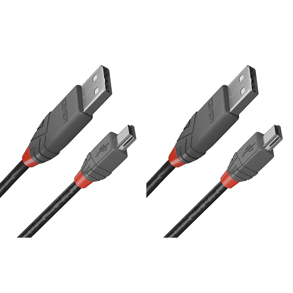 LINDY 5m USB 2.0 Type A to Mini-B Cable, Anthra Line, Pro Range, Gold Plated Contacts, Double Shielded, Durable, Flexible Pro Cable, Cameras, Hard Drives, GPS, Game Controllers, Music Equipment etc.