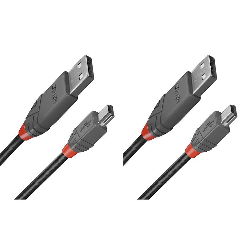 LINDY 5m USB 2.0 Type A to Mini-B Cable, Anthra Line, Pro Range, Gold Plated Contacts, Double Shielded, Durable, Flexible Pro Cable, Cameras, Hard Drives, GPS, Game Controllers, Music Equipment etc.