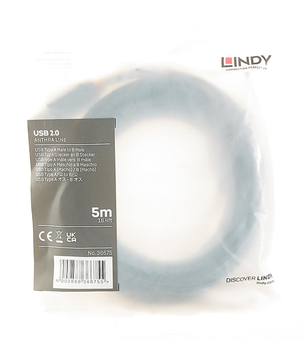 Lindy 5m USB 2.0 Printer Cable, USB-A to USB-B Cable ,Scanner and Printer cable for HP, Canon, Dell, Epson, Brother, Electric Piano, Anthra line