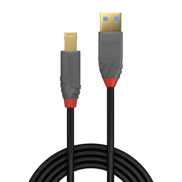 LINDY 36743 3m USB 3.2 Type A to B Cable, 5Gbps, Anthra Line,Black (Pack of 2