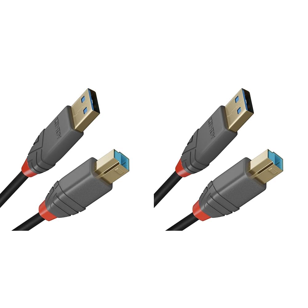 LINDY 36743 3m USB 3.2 Type A to B Cable, 5Gbps, Anthra Line,Black (Pack of 2
