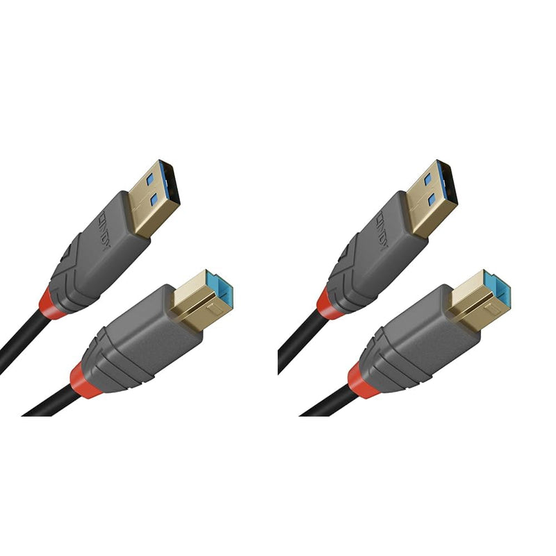 LINDY 36743 3m USB 3.2 Type A to B Cable, 5Gbps, Anthra Line,Black (Pack of 2