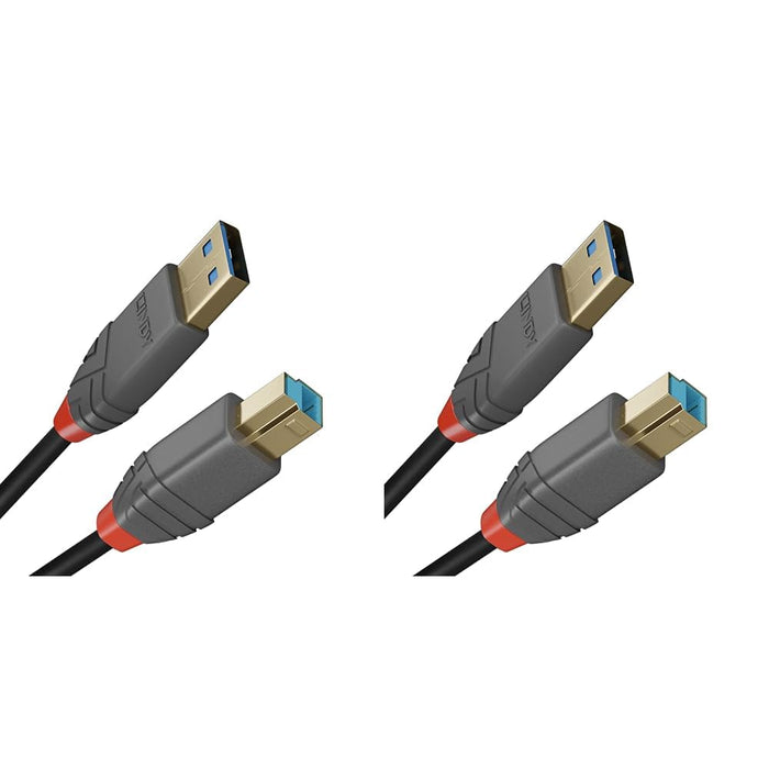 LINDY 36743 3m USB 3.2 Type A to B Cable, 5Gbps, Anthra Line,Black (Pack of 2