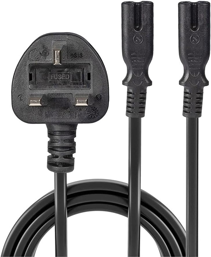 LINDY 2.5m UK Mains 3 Pin Plug to 2 x IEC C7 Splitter Power Cable/Figure 8 Lead, Black