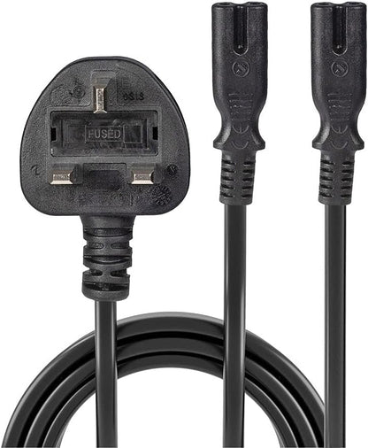 LINDY 2.5m UK Mains 3 Pin Plug to 2 x IEC C7 Splitter Power Cable/Figure 8 Lead, Black