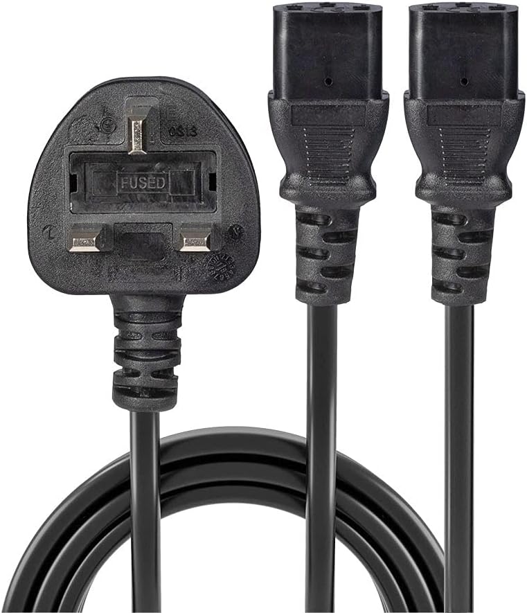 LINDY 30371 2.5m UK 3 Pin Plug to 2 x IEC C13 Splitter Extension Cable, Black