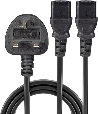 LINDY 30371 2.5m UK 3 Pin Plug to 2 x IEC C13 Splitter Extension Cable, Black