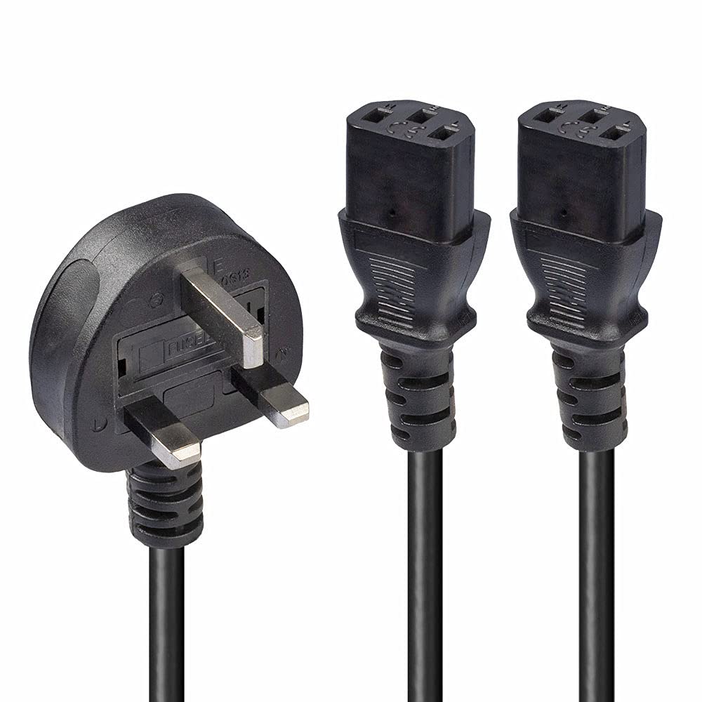LINDY 30371 2.5m UK 3 Pin Plug to 2 x IEC C13 Splitter Extension Cable, Black