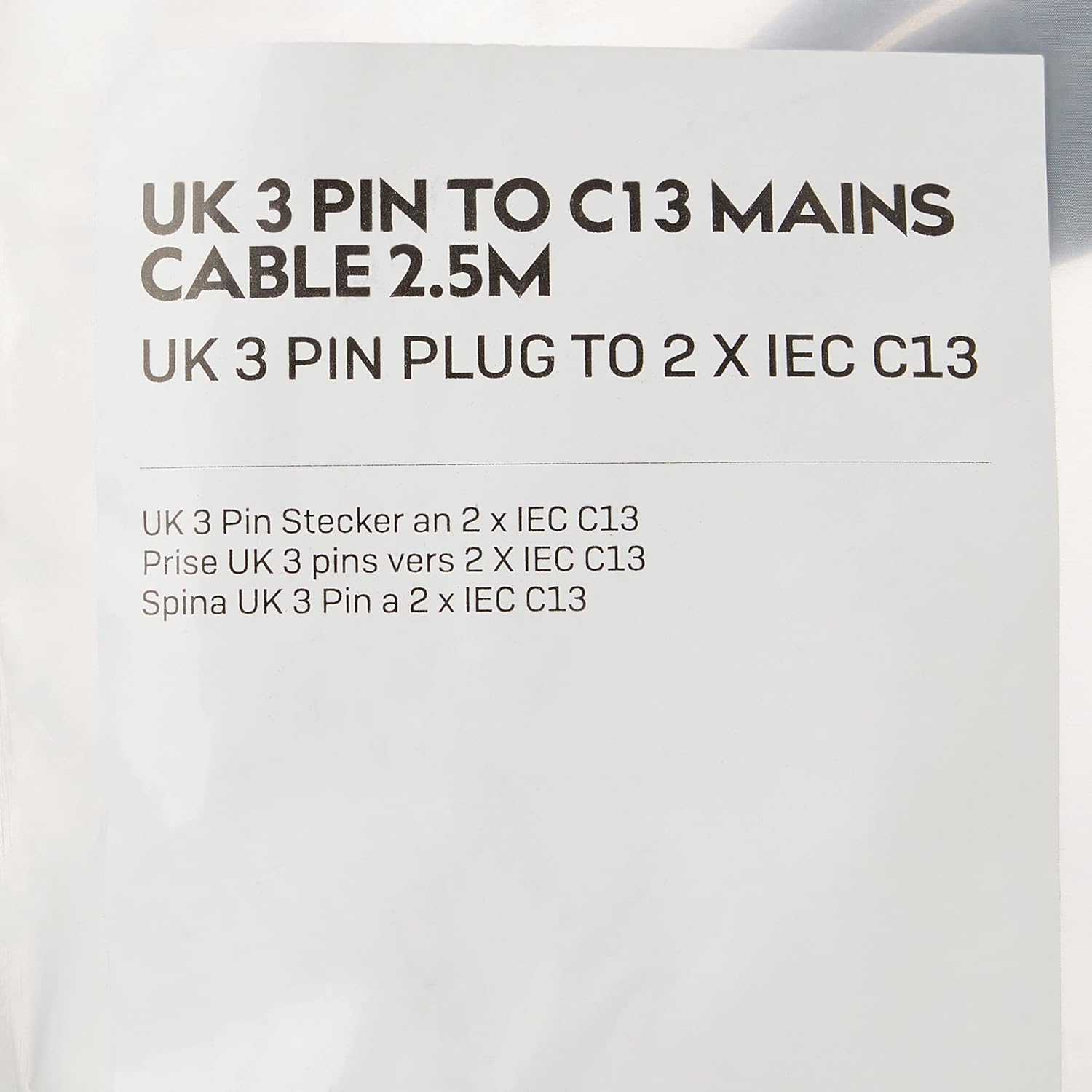 LINDY 30371 2.5m UK 3 Pin Plug to 2 x IEC C13 Splitter Extension Cable, Black