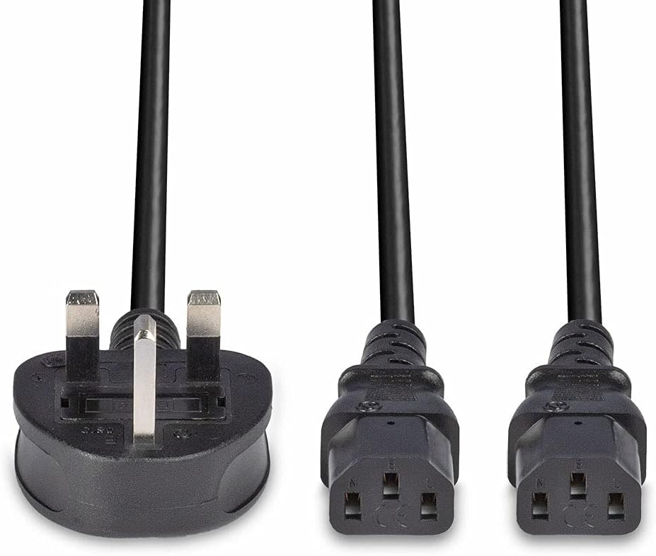 LINDY 30371 2.5m UK 3 Pin Plug to 2 x IEC C13 Splitter Extension Cable, Black