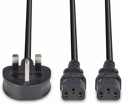 LINDY 30371 2.5m UK 3 Pin Plug to 2 x IEC C13 Splitter Extension Cable, Black
