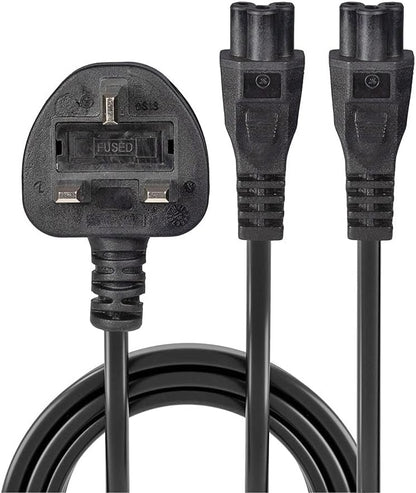 LINDY 30428 2.5 m UK 3 Pin Plug To IEC 2 x C5 Splitter Extension Cable - Black