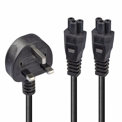 LINDY 30428 2.5 m UK 3 Pin Plug To IEC 2 x C5 Splitter Extension Cable - Black
