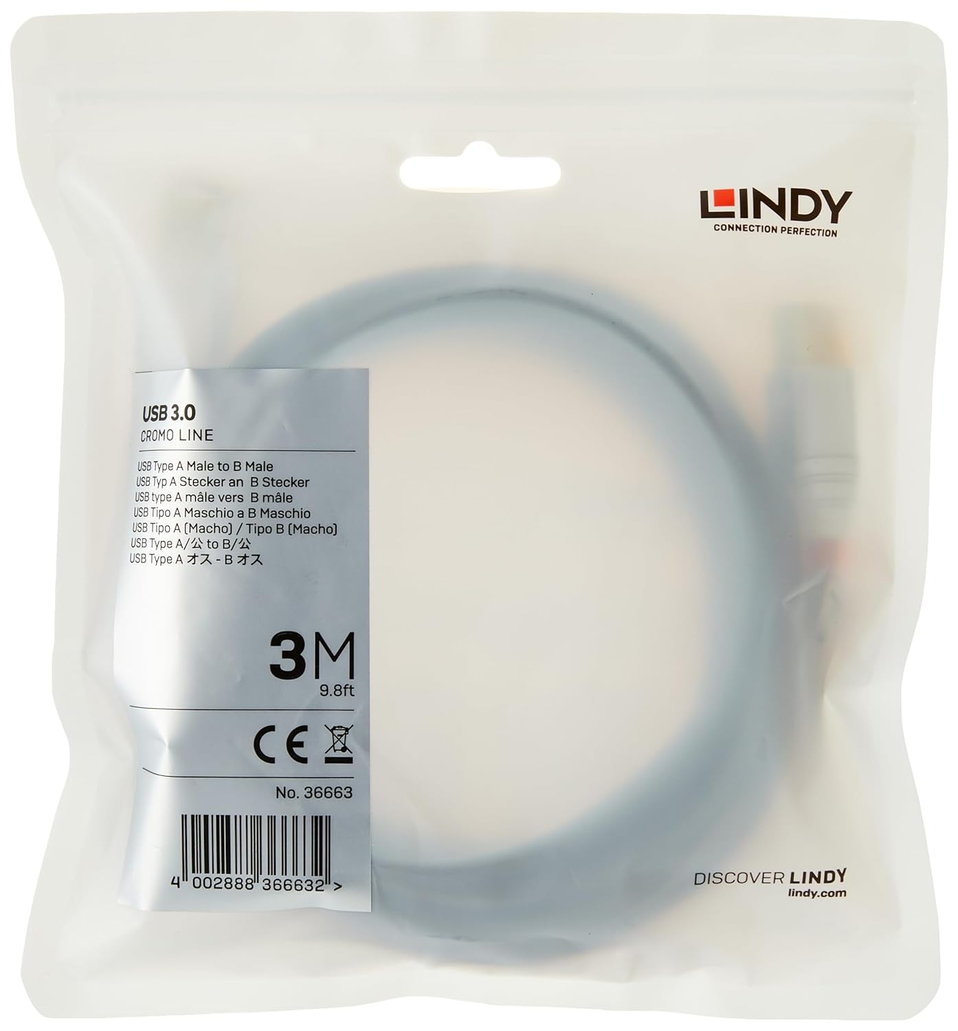 LINDY 36663Lindy 3m USB 3.2 Type A to B Cable, 5Gbps, Cromo Line,Grey