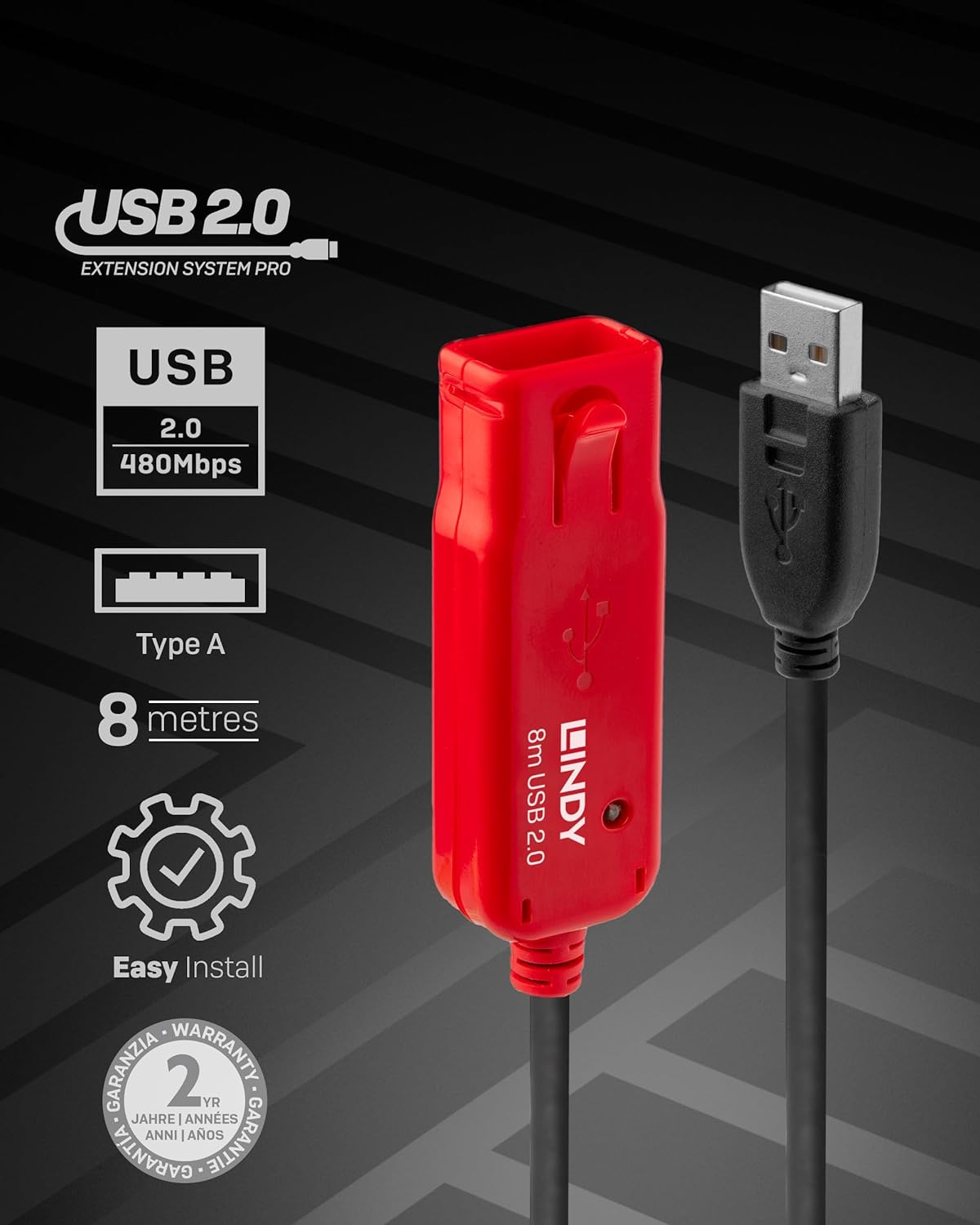Lindy 8m USB 2.0 Active Extension Cable Pro, Long Distance Repeater, Extends USB devices, PCs, Laptops, Xbox, PS4, PS5, VR Headset, Printer, Scanner, Webcam, Interactive Whiteboards