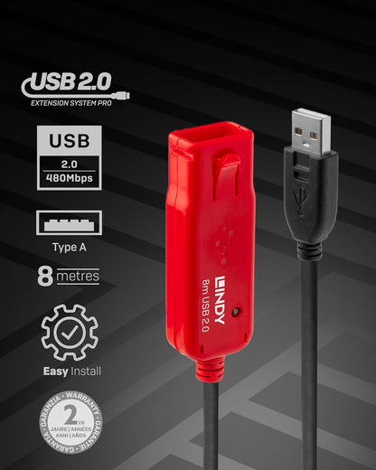 Lindy 8m USB 2.0 Active Extension Cable Pro, Long Distance Repeater, Extends USB devices, PCs, Laptops, Xbox, PS4, PS5, VR Headset, Printer, Scanner, Webcam, Interactive Whiteboards