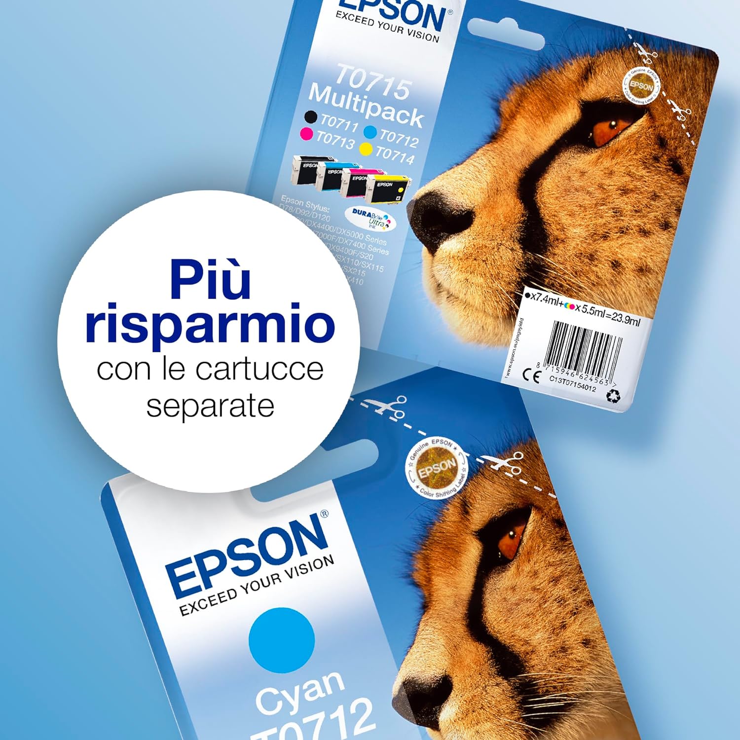 Epson Ghepardo Serie T0715, DURABrite Ink, Multipack 4 Colori, Nero, Ciano, Magenta, Giallo