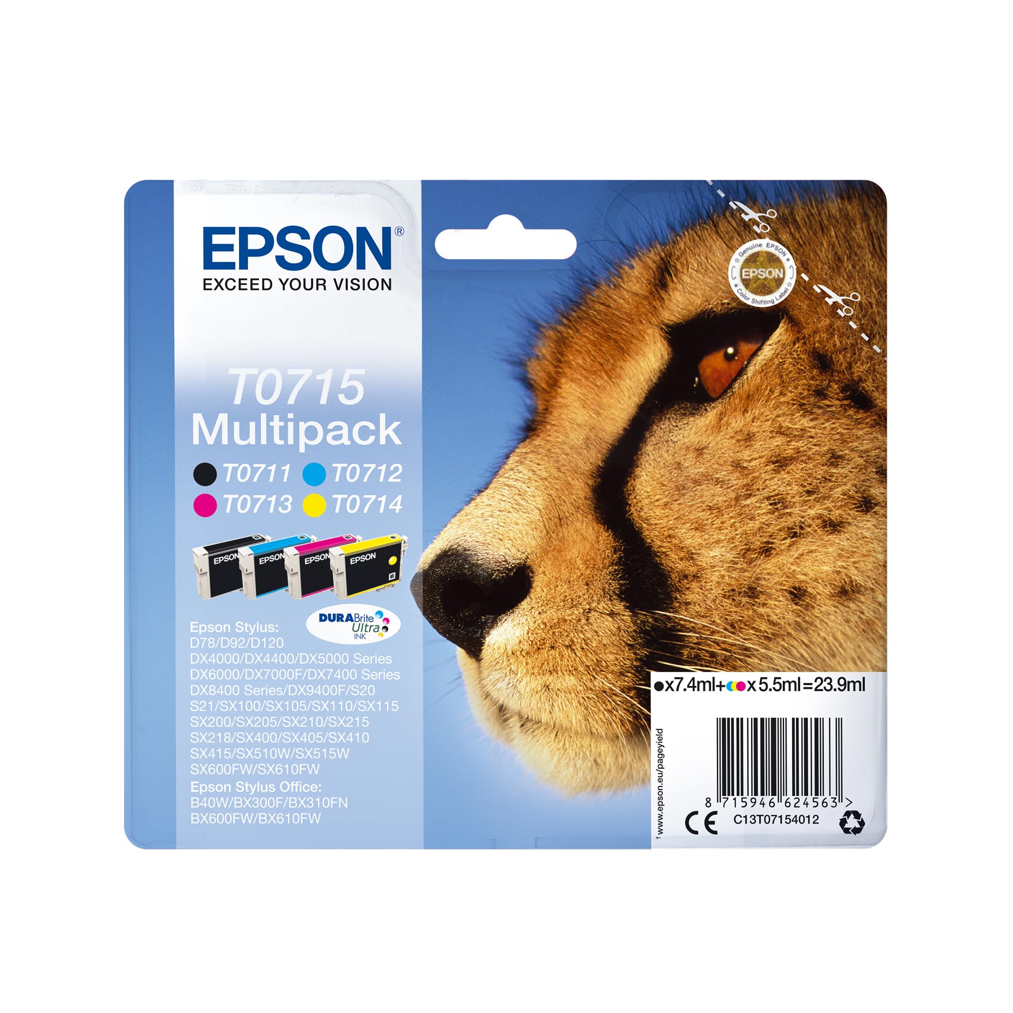 Epson Ghepardo Serie T0715, DURABrite Ink, Multipack 4 Colori, Nero, Ciano, Magenta, Giallo