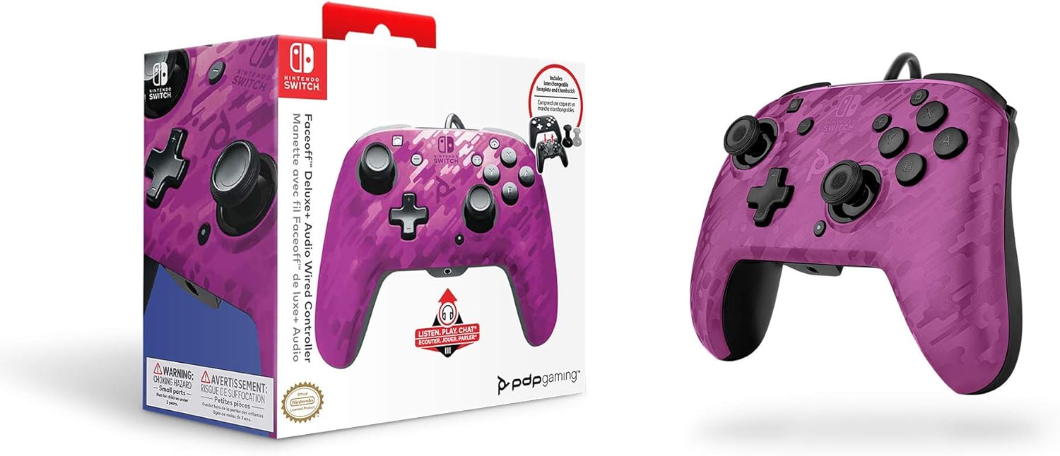 PDP Gaming Faceoff Deluxe+ Wired Switch Pro Controller - Purple Camo - Officially Licensed by Nintendo - Customizable buttons and paddles - Ergonomic Controllers Camo Purple Camo Purple