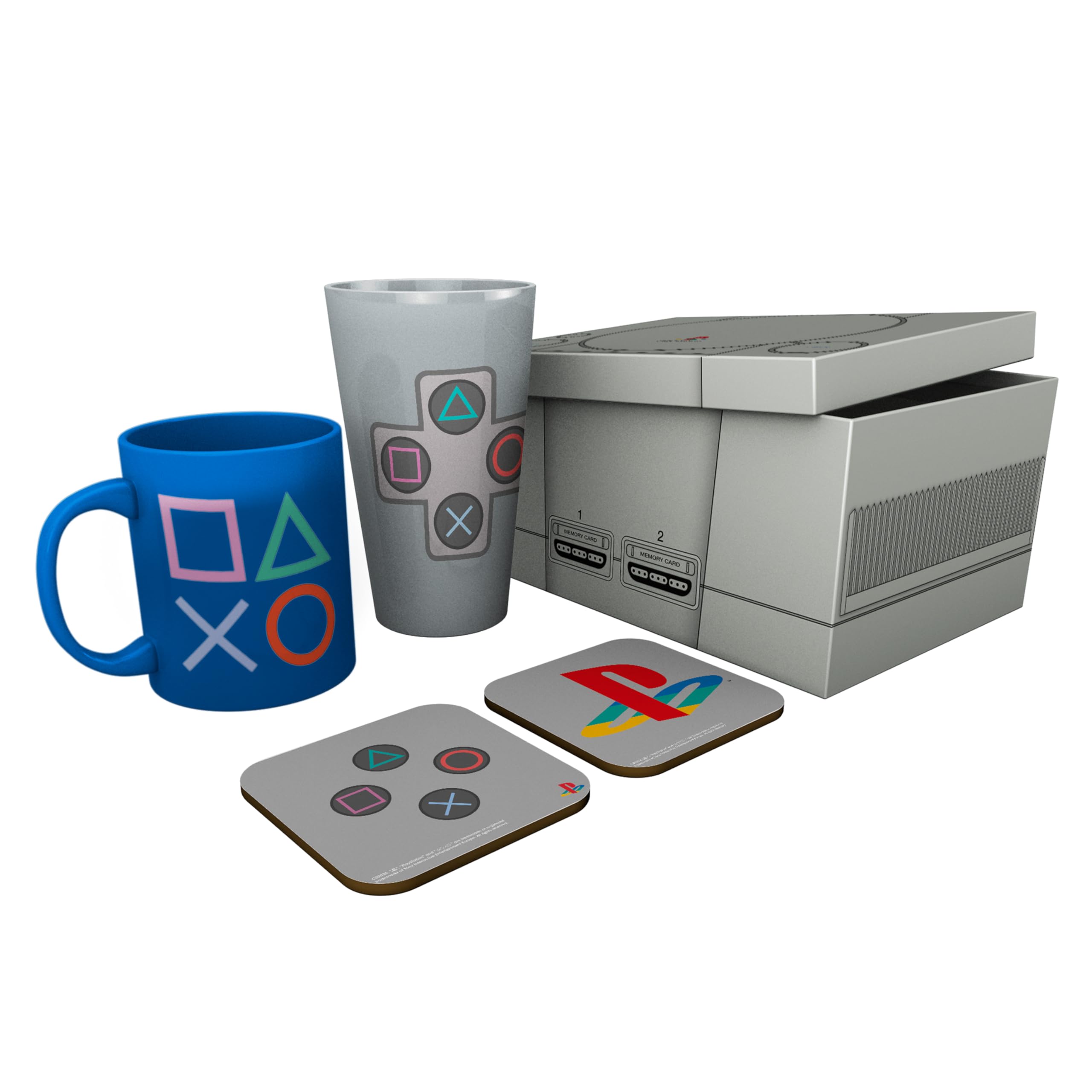 GB eye PlayStation Classic - Taza de cristal de 400 ml y 2 posavasos, caja de regalo coleccionable