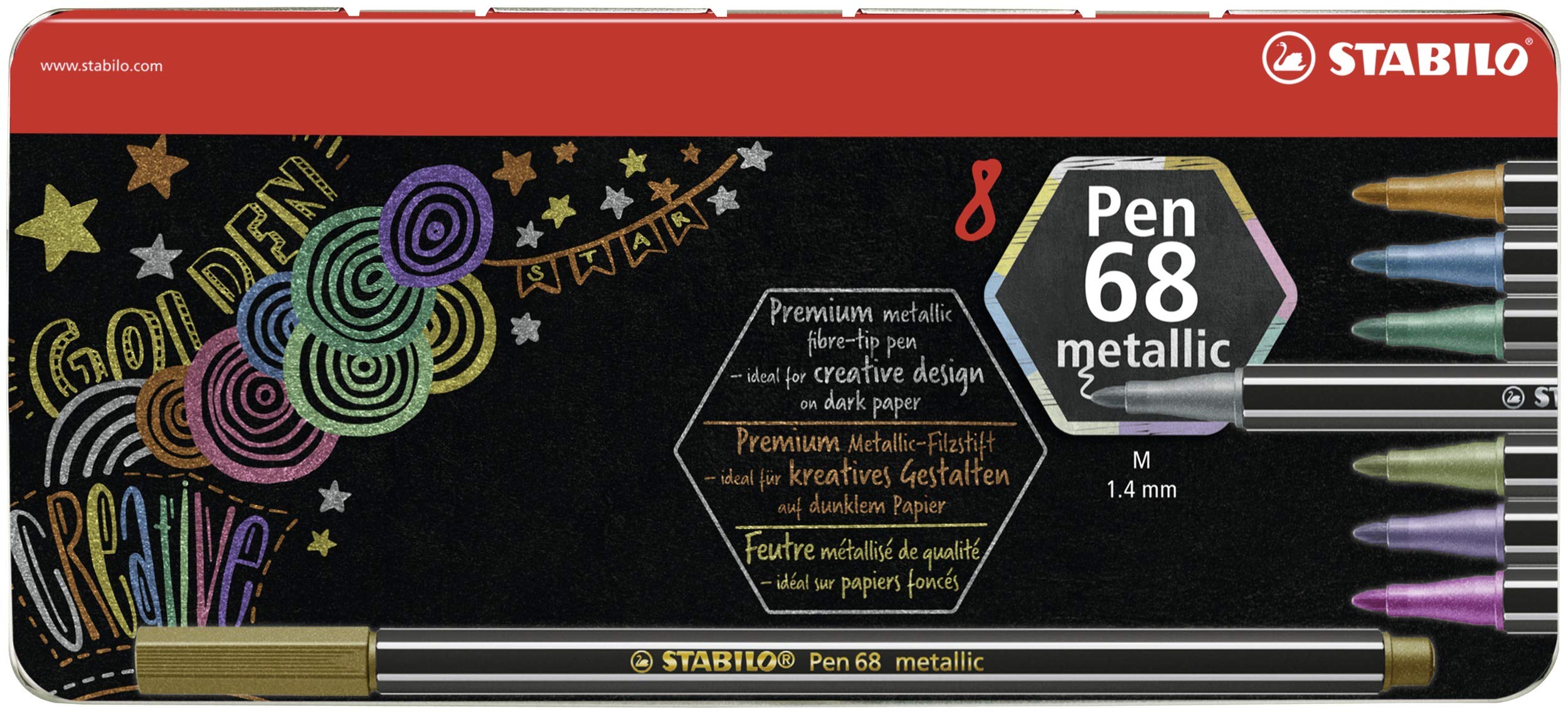 Metallic Premium Felt Tip Pen - STABILO Pen 68 Metallic - Tin of 8 - Assorted Colours