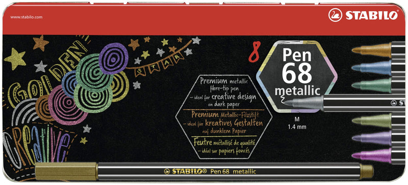 Metallic Premium Felt Tip Pen - STABILO Pen 68 Metallic - Tin of 8 - Assorted Colours