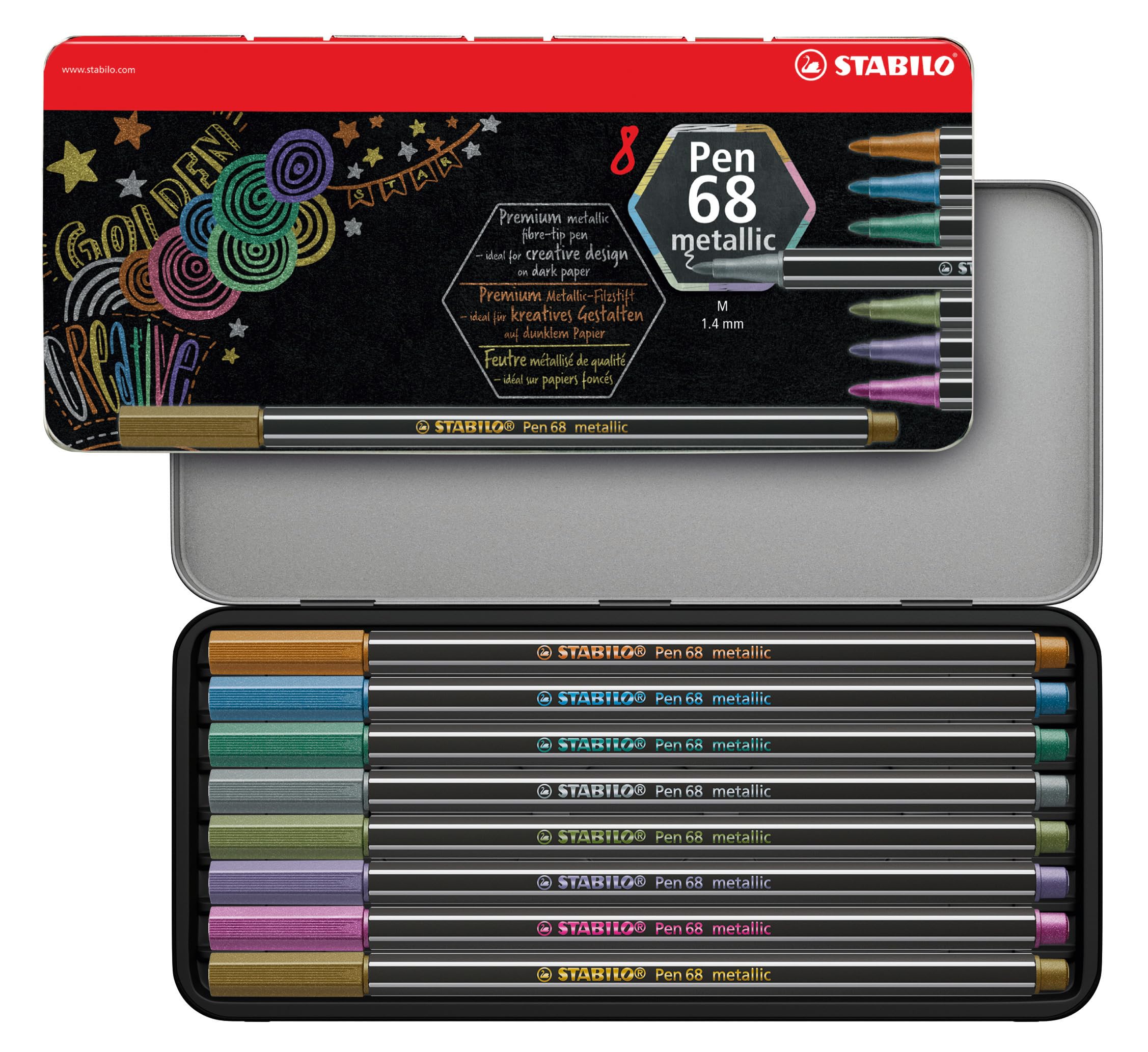 Metallic Premium Felt Tip Pen - STABILO Pen 68 Metallic - Tin of 8 - Assorted Colours