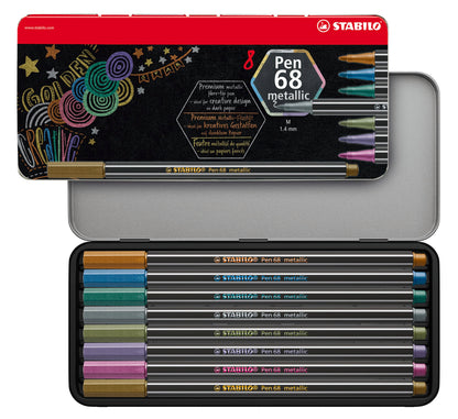 Metallic Premium Felt Tip Pen - STABILO Pen 68 Metallic - Tin of 8 - Assorted Colours