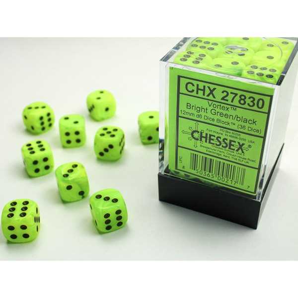 Chessex DND Dice Set-Chessex D&D Dice-12mm Vortex Bright Green with Black Plastic Polyhedral Dice Set-Dungeons and Dragons Dice ludes 36 Dice - D6, Various (CHX27830