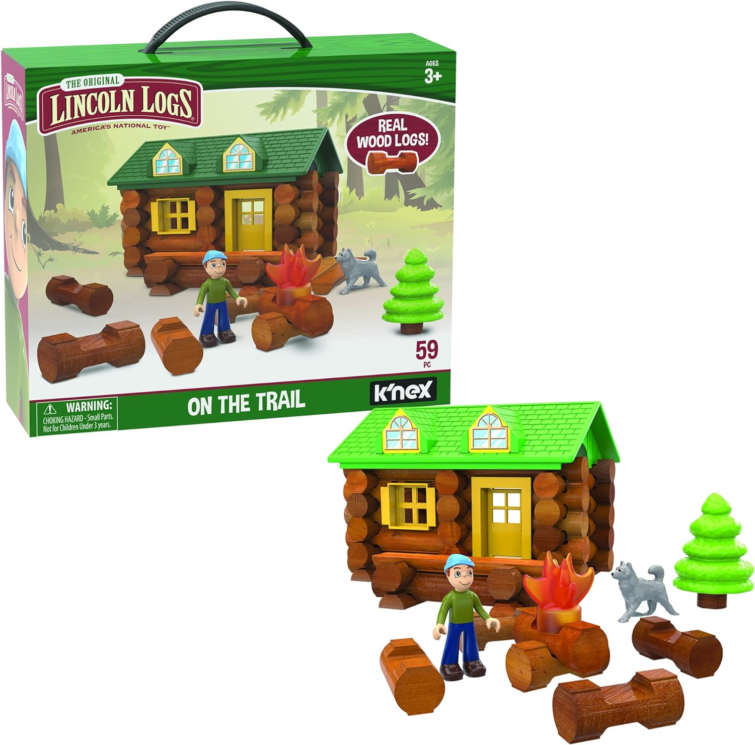 Lincoln Logs On The Trail Baukasten, K'NEX, Basic Fun, 00821 59 Teile, Echte Holzklötze, Technik-Lernsets für Kinder, Retro-Bauspielzeug Geschenke, geeignet für Kinder ab 3 Jahren