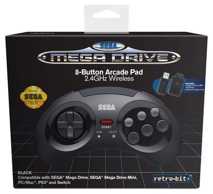 Retro-Bit Official SEGA Mega Drive 8-Button 2.4Ghz Wireless Arcade Pad for MEGA DRIVE MINI CONSOLE, Sega Mega Drive Console, PC, Switch, macOS, Playstation 3, Steam, RetroPie, Raspberry Pi (Black