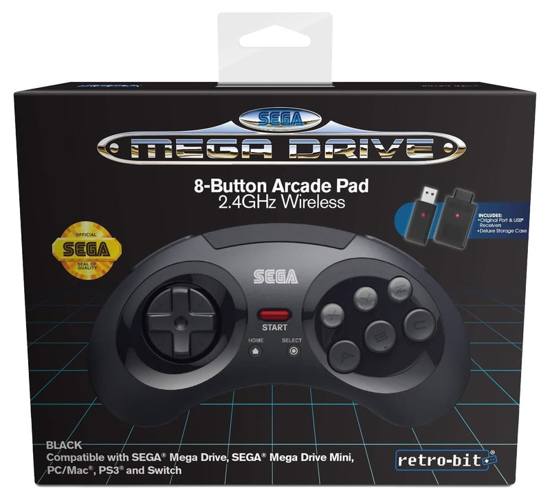 Retro-Bit Official SEGA Mega Drive 8-Button 2.4Ghz Wireless Arcade Pad for MEGA DRIVE MINI CONSOLE, Sega Mega Drive Console, PC, Switch, macOS, Playstation 3, Steam, RetroPie, Raspberry Pi (Black