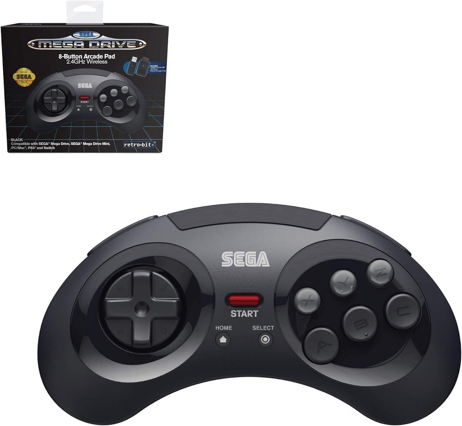 Retro-Bit Official SEGA Mega Drive 8-Button 2.4Ghz Wireless Arcade Pad for MEGA DRIVE MINI CONSOLE, Sega Mega Drive Console, PC, Switch, macOS, Playstation 3, Steam, RetroPie, Raspberry Pi (Black